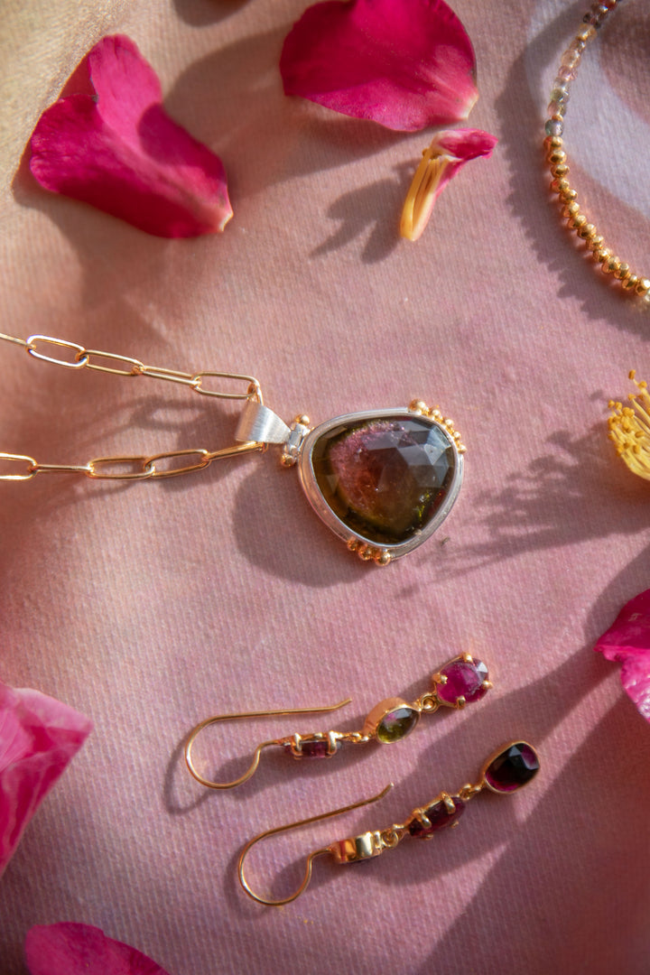 Rose Cut Watermelon Tourmaline Pendant in Brushed 92.5% Sterling Silver with Gold Accents