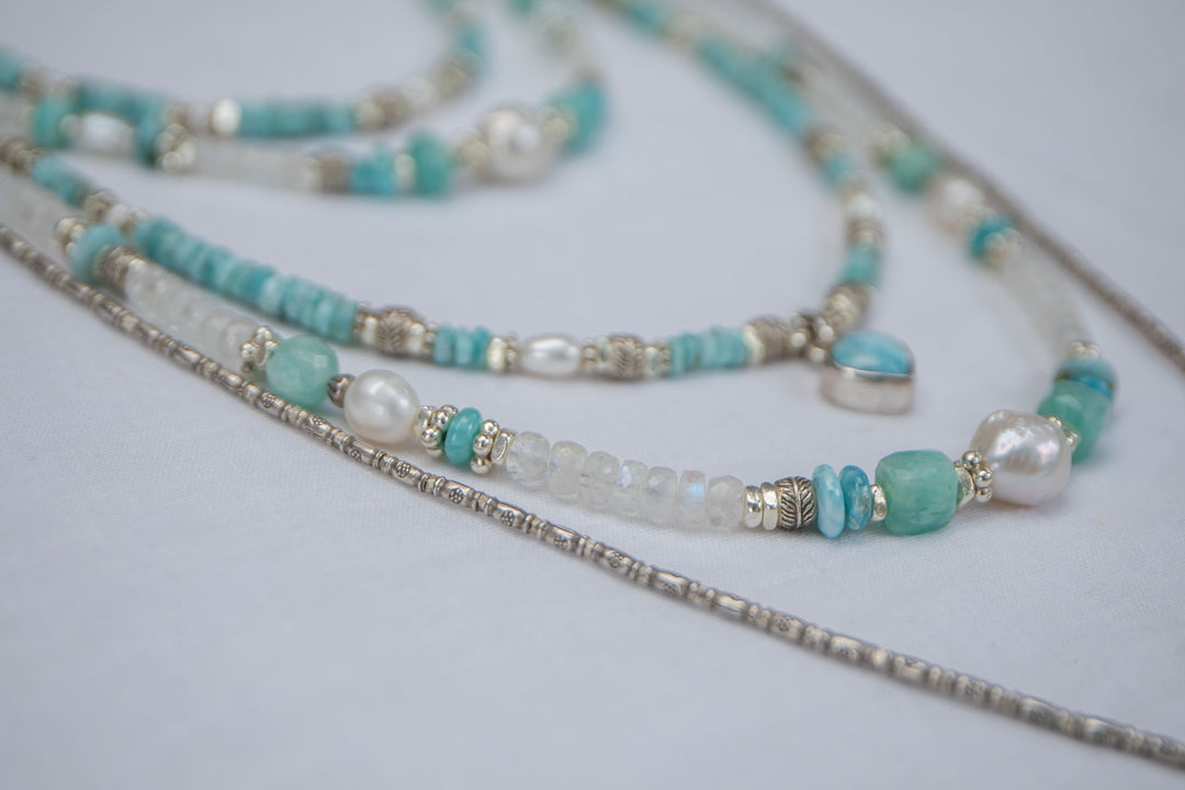 Pearl, Larimar, Amazonite and Rainbow Moonstone Necklace with Thai Hill Tribe Silver