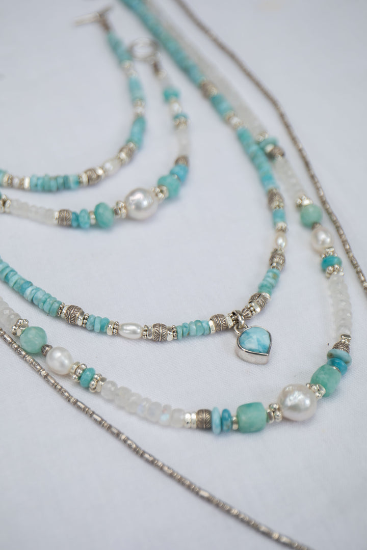 Beaded Larimar Short Necklace with Thai Hill Tribe Silver and Larimar Pendant