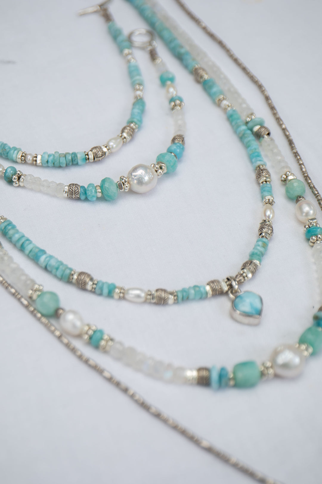 Beaded Larimar Short Necklace with Thai Hill Tribe Silver and Larimar Pendant