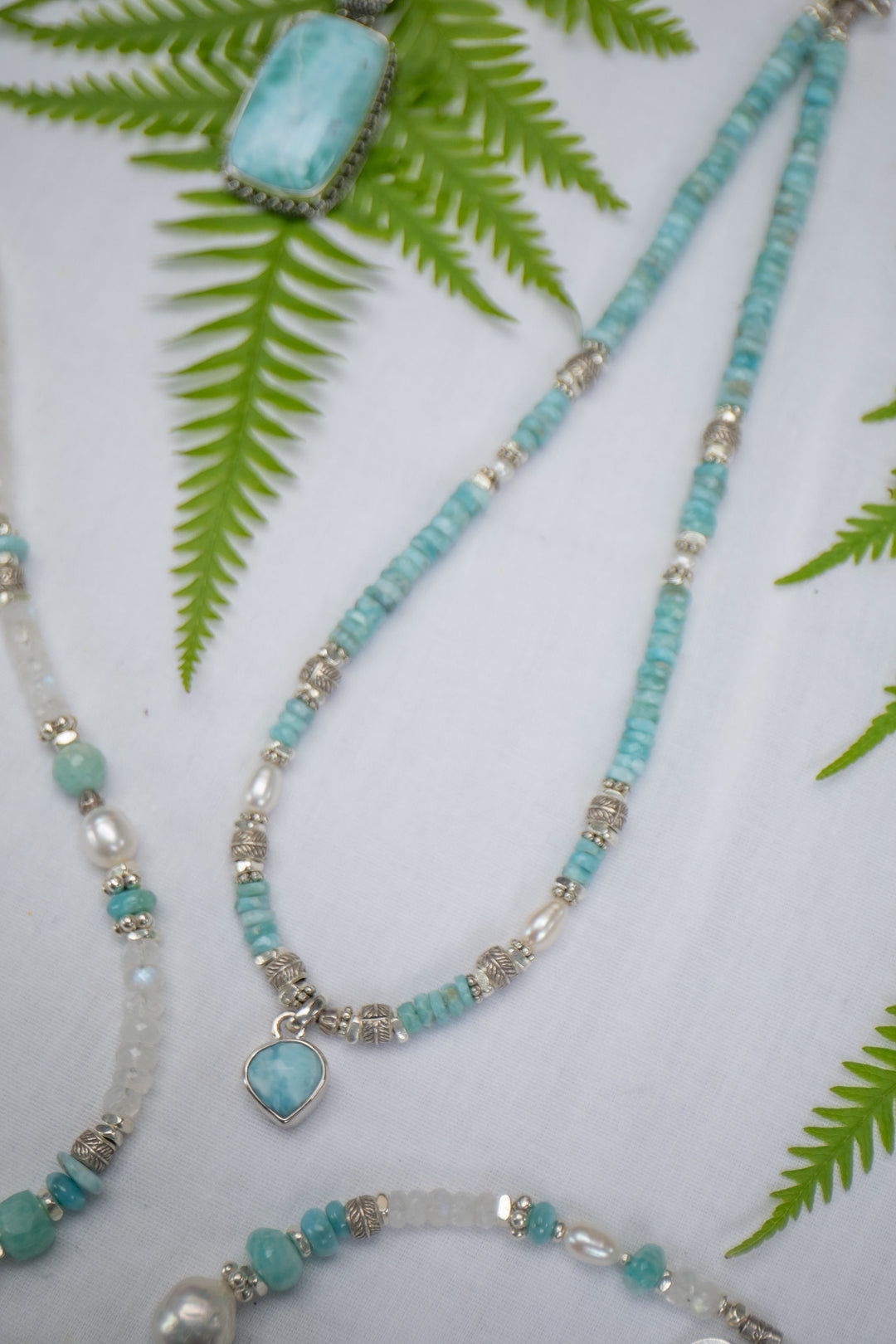 Beaded Larimar Short Necklace with Thai Hill Tribe Silver and Larimar Pendant