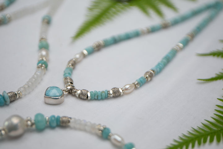 Beaded Larimar Short Necklace with Thai Hill Tribe Silver and Larimar Pendant