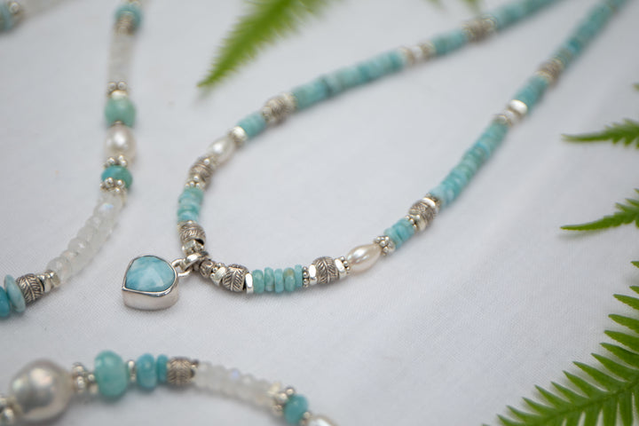 Beaded Larimar Short Necklace with Thai Hill Tribe Silver and Larimar Pendant