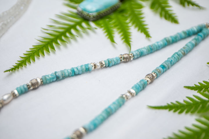 Beaded Larimar Short Necklace with Thai Hill Tribe Silver and Larimar Pendant