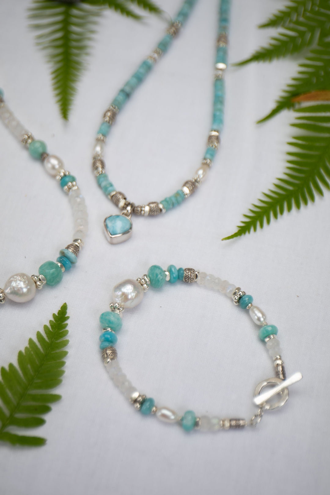 Pearl, Larimar, Amazonite and Rainbow Moonstone Bracelet with Thai Hill Tribe Silver