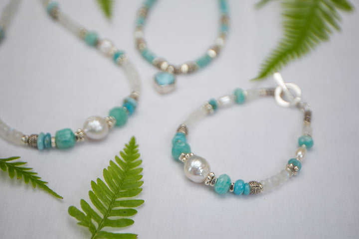 Pearl, Larimar, Amazonite and Rainbow Moonstone Bracelet with Thai Hill Tribe Silver