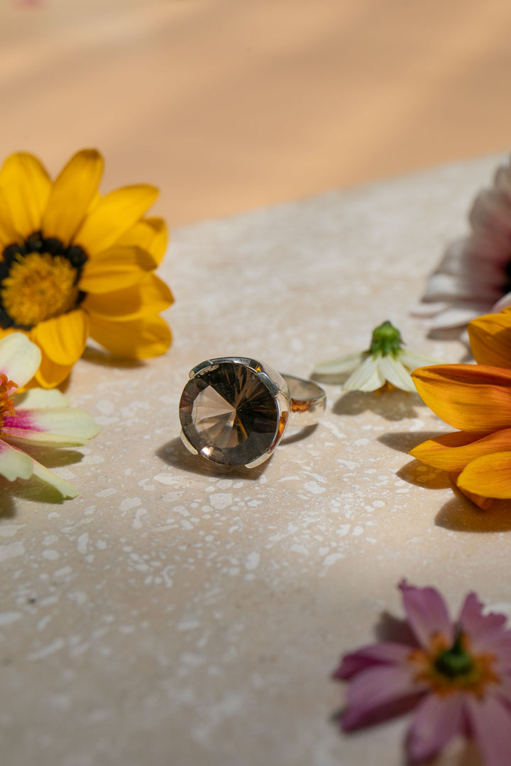 Faceted Smokey Quartz Ring set in Sterling Silver Setting - Size 6 US