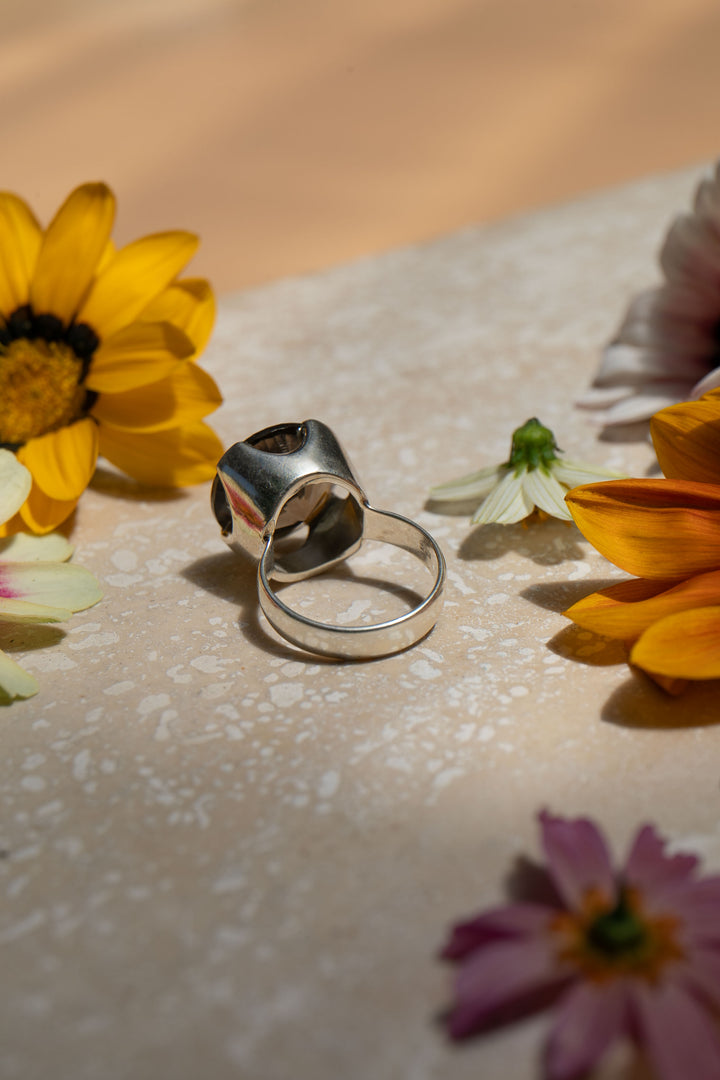 Faceted Smokey Quartz Ring set in Sterling Silver Setting - Size 6 US