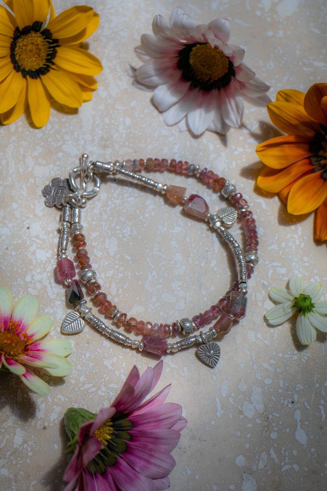 Pink Tourmaline with Thai Hill Tribe Silver Double Strand Beaded Bracelet