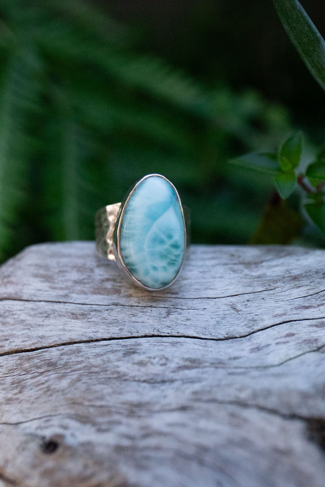 Larimar or Pectolite Ring set in Hammered Sterling Silver with Adjustable Band