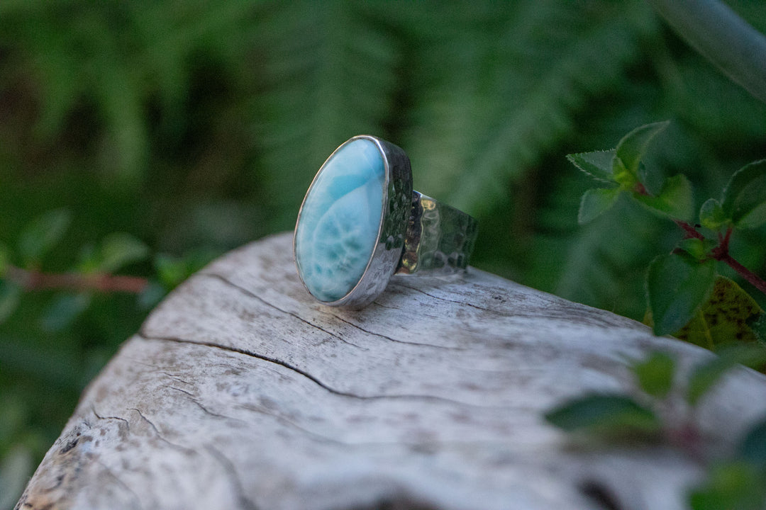 Larimar or Pectolite Ring set in Hammered Sterling Silver with Adjustable Band