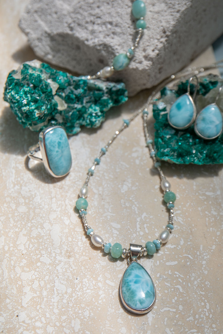 Larimar, Freshwater Pearl, Amazonite and Thai Hill Tribe Silver Necklace with Larimar Pendant