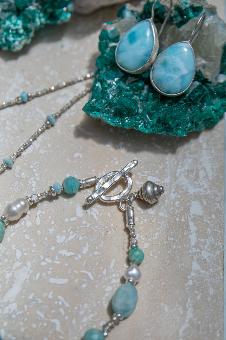 Larimar, Freshwater Pearl, Amazonite Bracelet and Thai Hill Tribe Silver