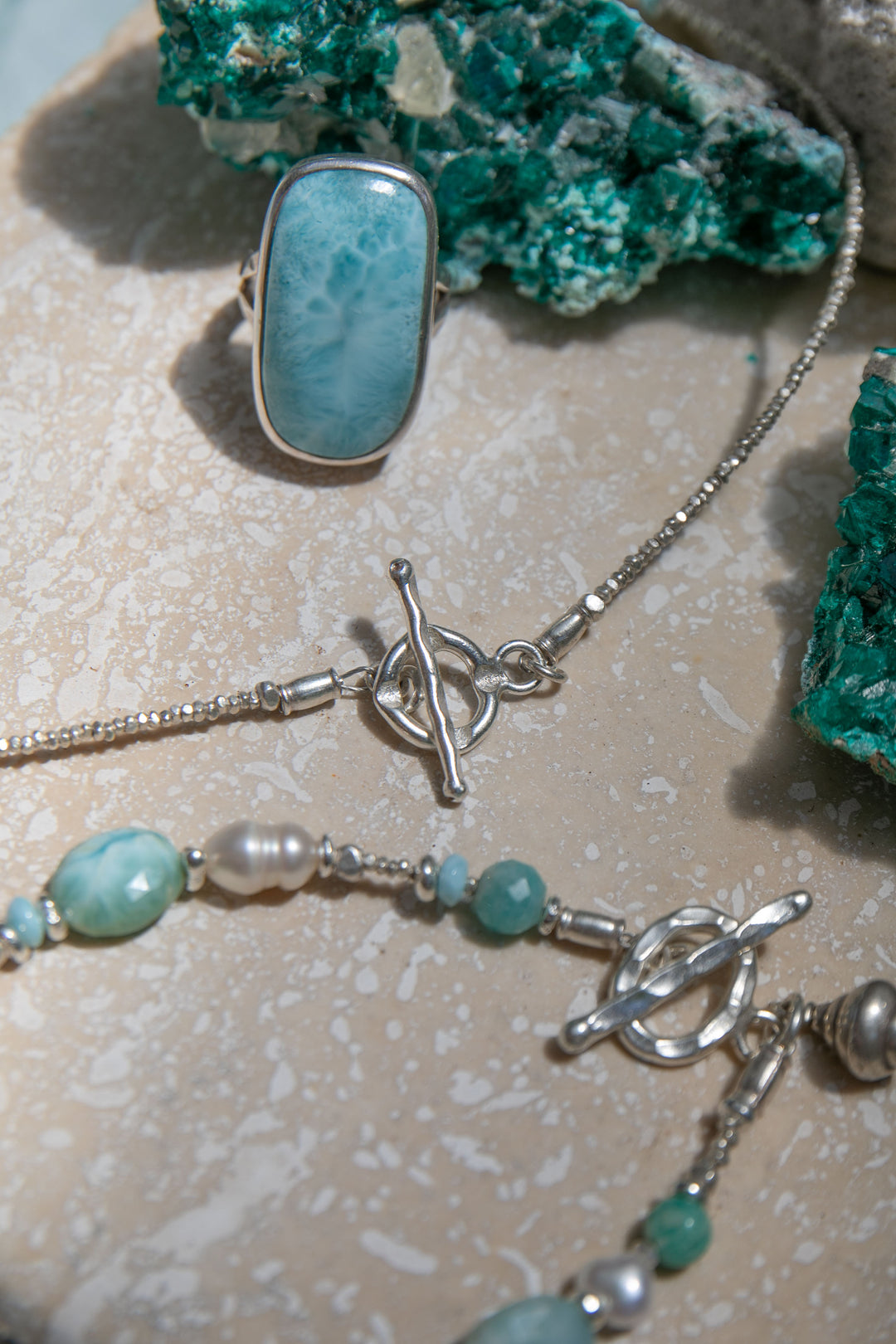 Larimar, Freshwater Pearl, Amazonite and Thai Hill Tribe Silver Necklace with Larimar Pendant