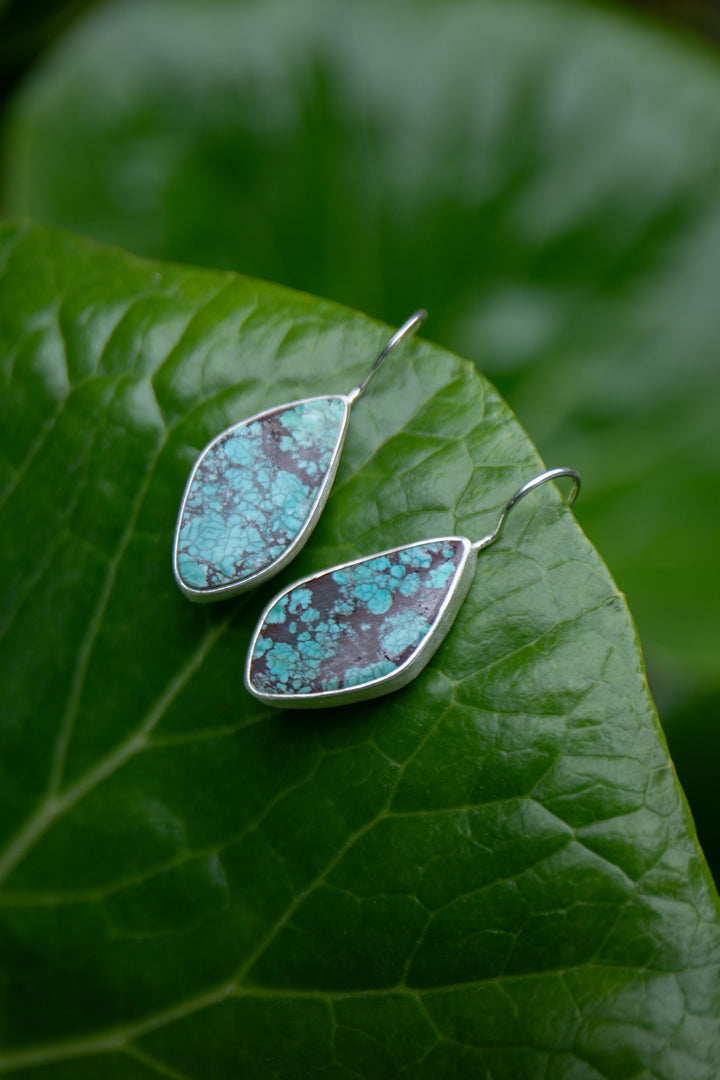 Genuine Turquoise Earrings set in Brushed Sterling Silver