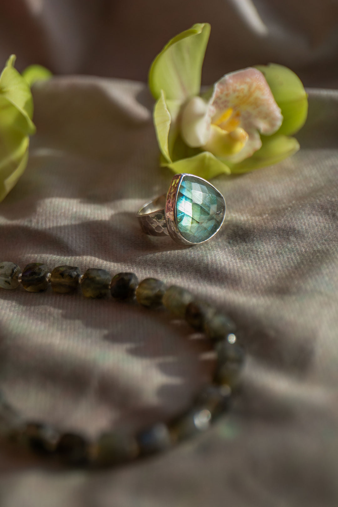 A+ Grade Faceted Labradorite Ring set in 92.5% Sterling Silver - Adjustable Band