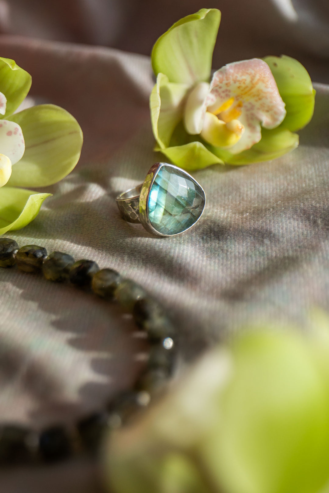 A+ Grade Faceted Labradorite Ring set in 92.5% Sterling Silver - Adjustable Band