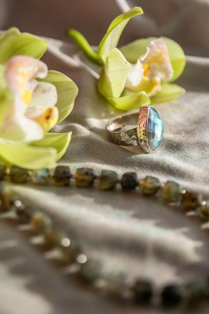 A+ Grade Faceted Labradorite Ring set in 92.5% Sterling Silver - Adjustable Band