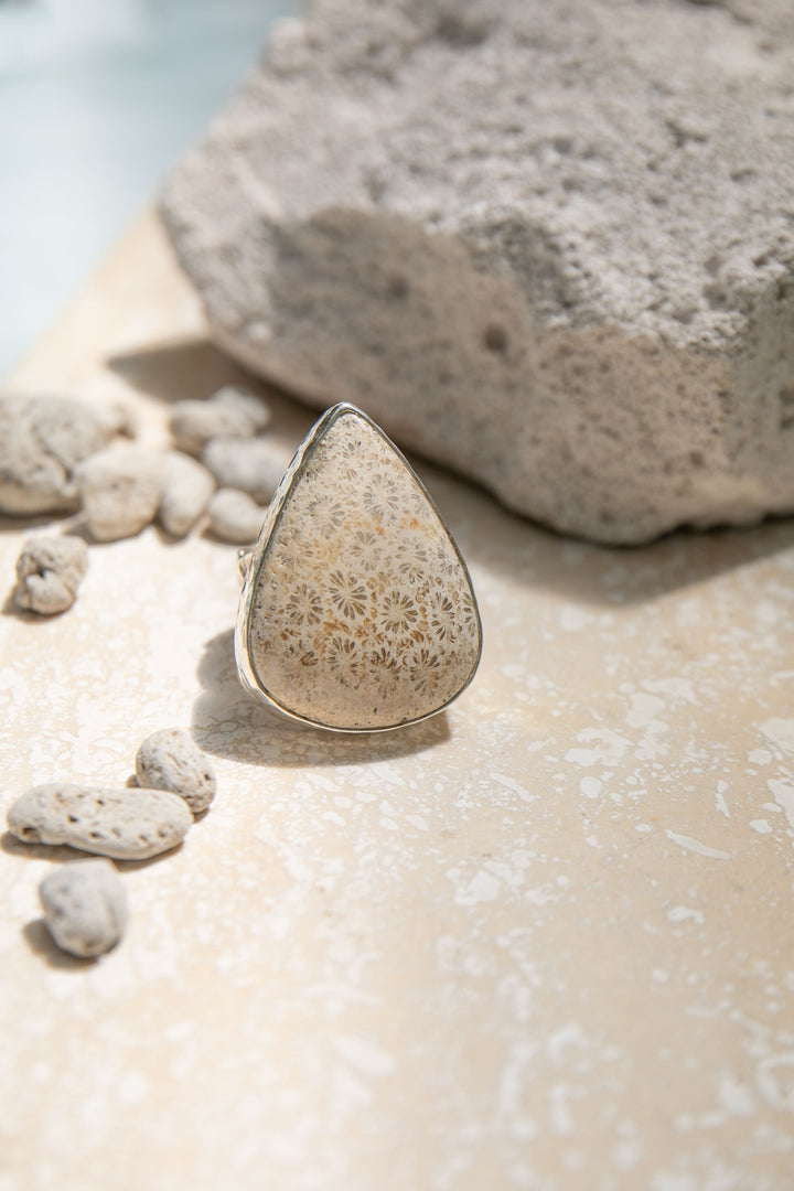 Teardrop Fossil Coral Ring in Beaten Sterling Silver - Adjustable