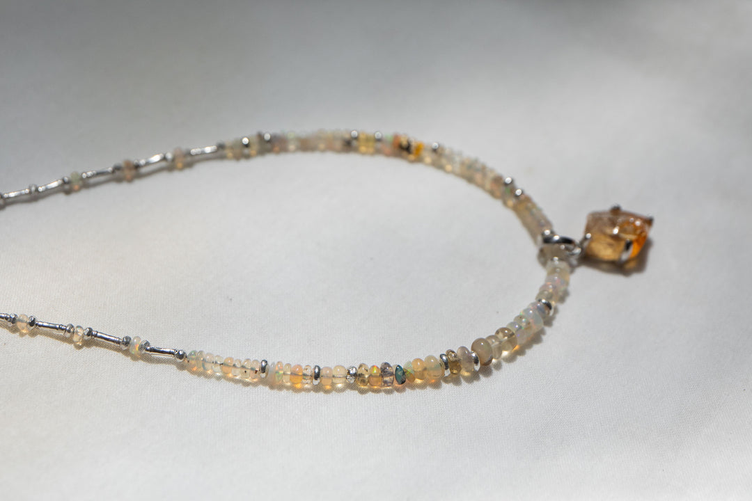 Ethiopian Opal Beaded Necklace with Thai Hill Tribe Silver and Raw Citrine Pendant