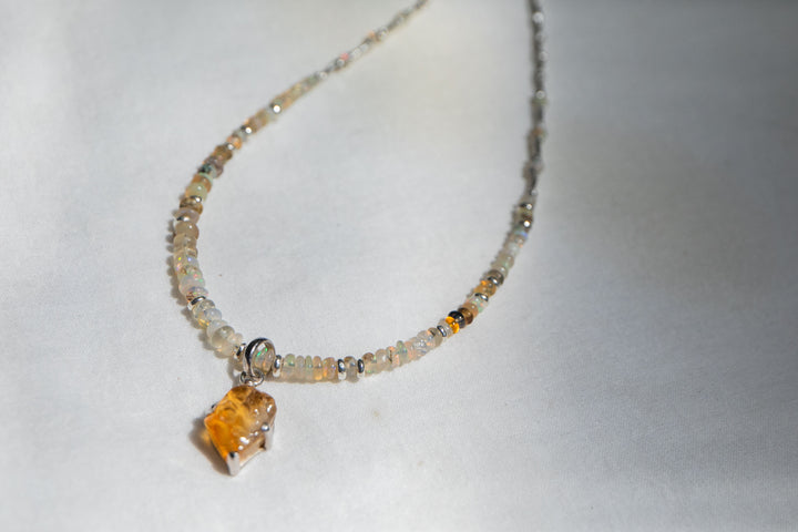 Ethiopian Opal Beaded Necklace with Thai Hill Tribe Silver and Raw Citrine Pendant