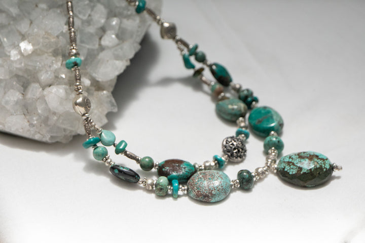 Statement Chunky Natural Turquoise Necklace with Thai Hill Tribe and Sterling Silver Beads