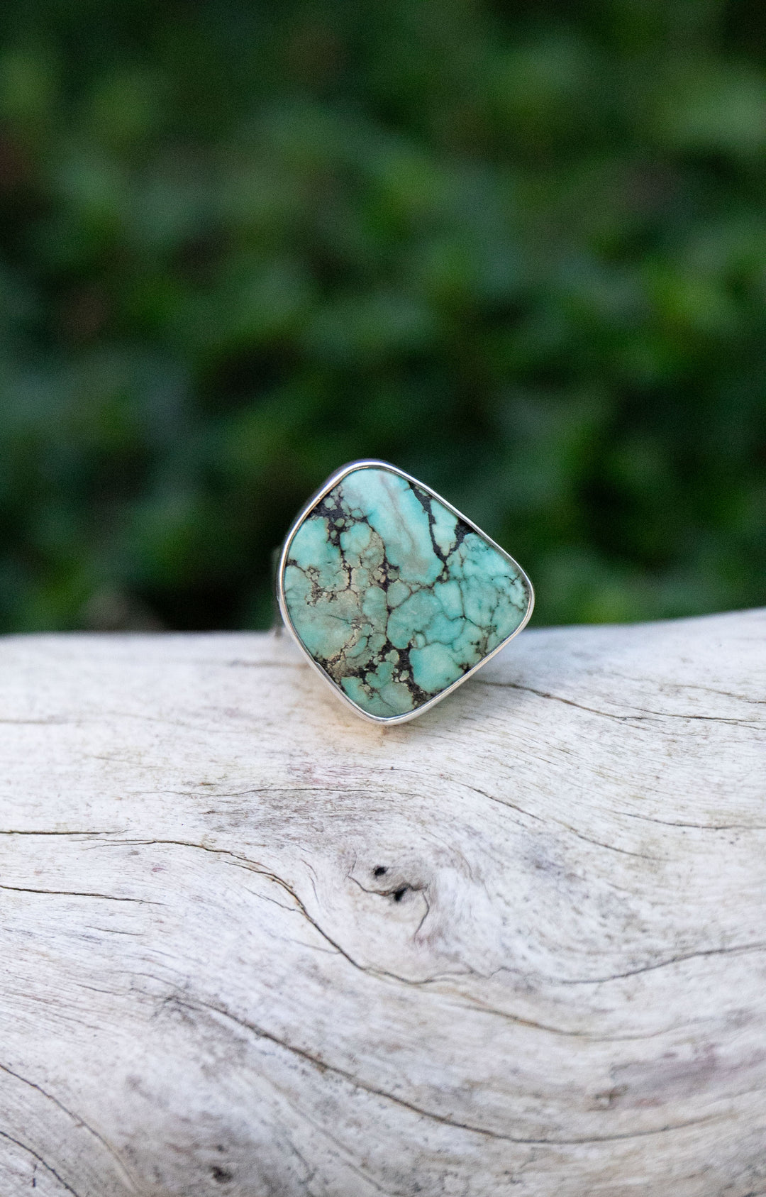 Genuine Turquoise Ring in Beaten Sterling Silver - Adjustable