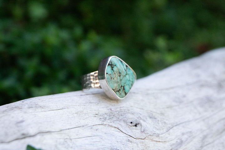 Genuine Turquoise Ring in Beaten Sterling Silver - Adjustable
