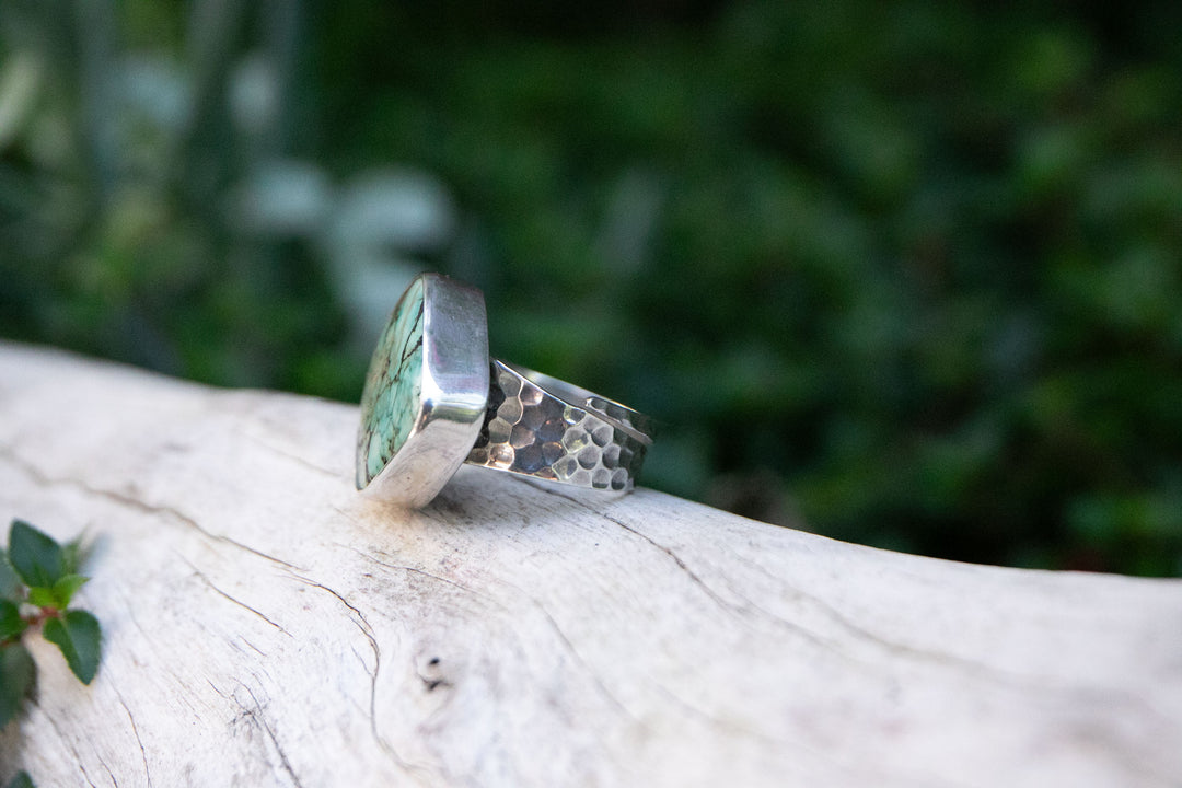 Genuine Turquoise Ring in Beaten Sterling Silver - Adjustable