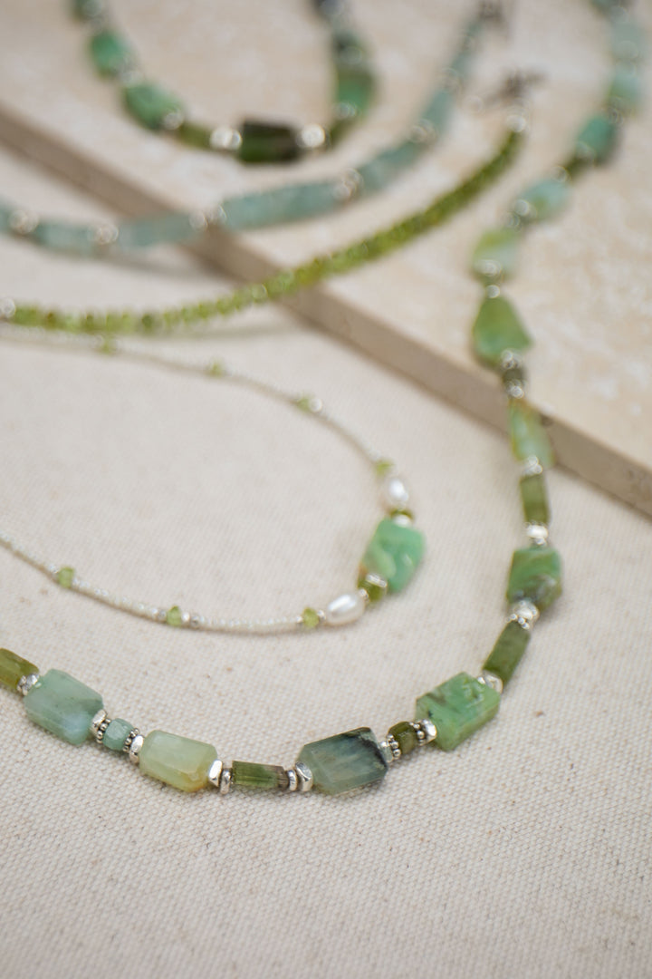 Peruvian Opal, Peridot & Freshwater Pearl Necklace with Thai Hill Tribe Silver