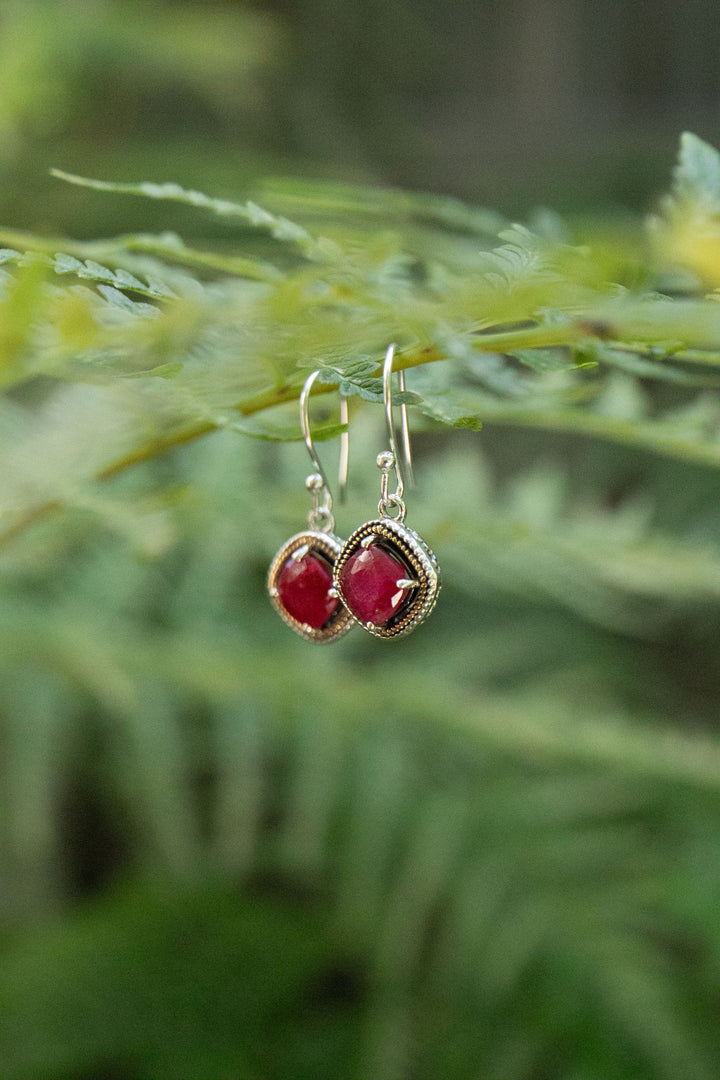 Indian Ruby Earrings in Brass and Sterling Silver Vintage Setting