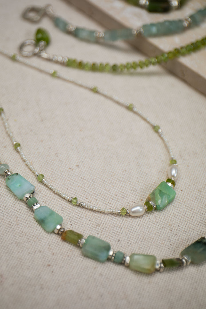 Peruvian Opal, Peridot & Freshwater Pearl Necklace with Thai Hill Tribe Silver