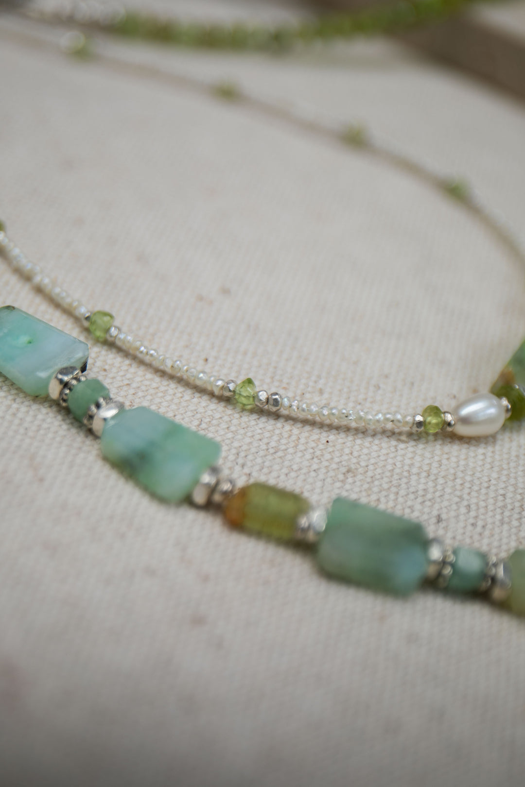 Peruvian Opal, Peridot & Freshwater Pearl Necklace with Thai Hill Tribe Silver