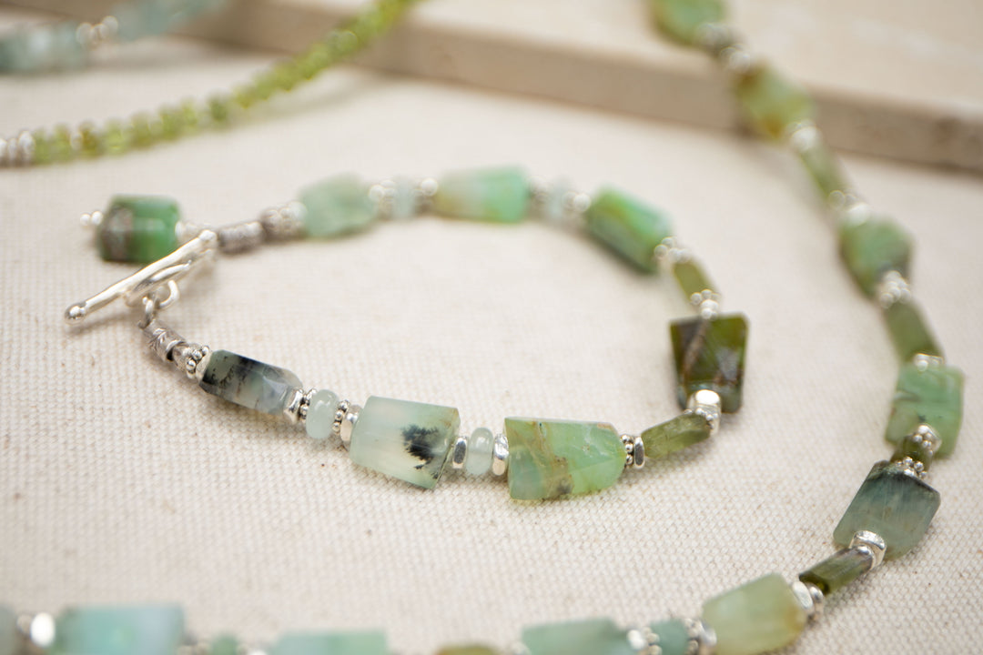 Peruvian Opal, Green Tourmaline & Aquamarine Bracelet with Thai Hill Tribe Silver