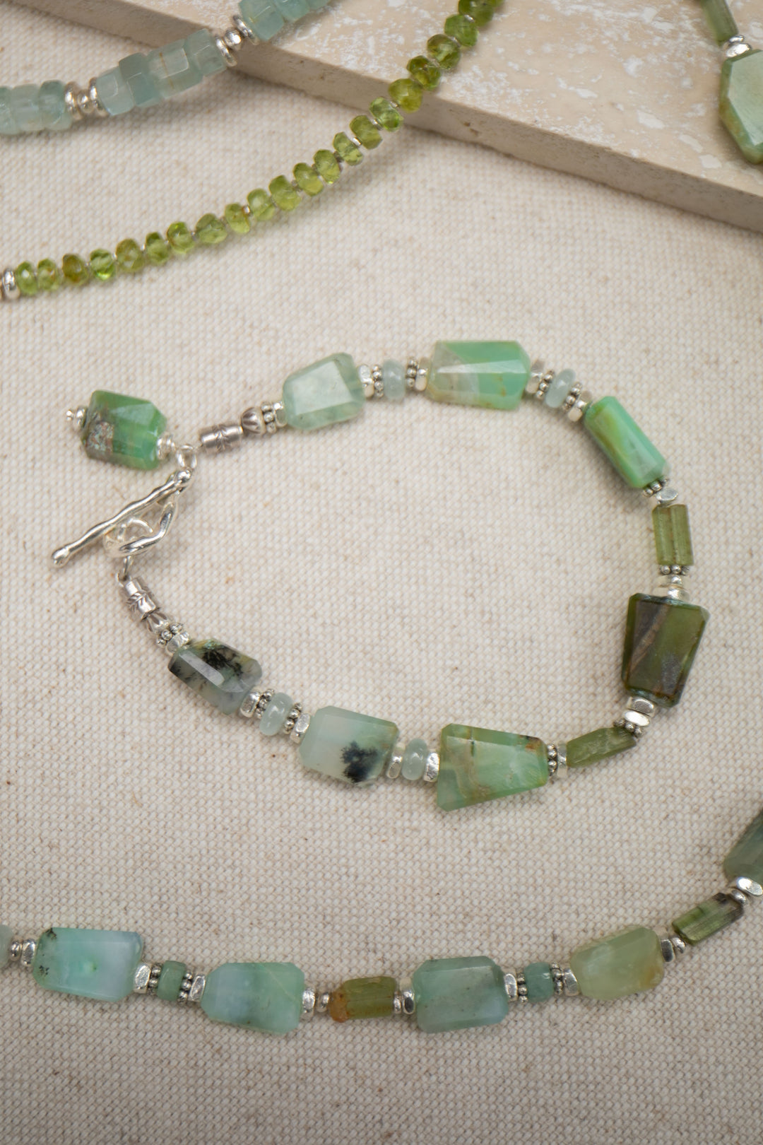 Peruvian Opal, Green Tourmaline & Aquamarine Bracelet with Thai Hill Tribe Silver