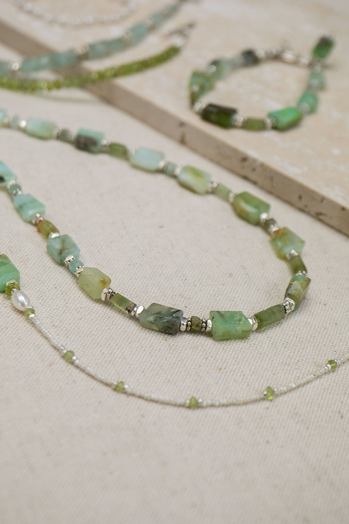 Peruvian Opal, Green Tourmaline & Aquamarine Necklace with Thai Hill Tribe Silver Necklace