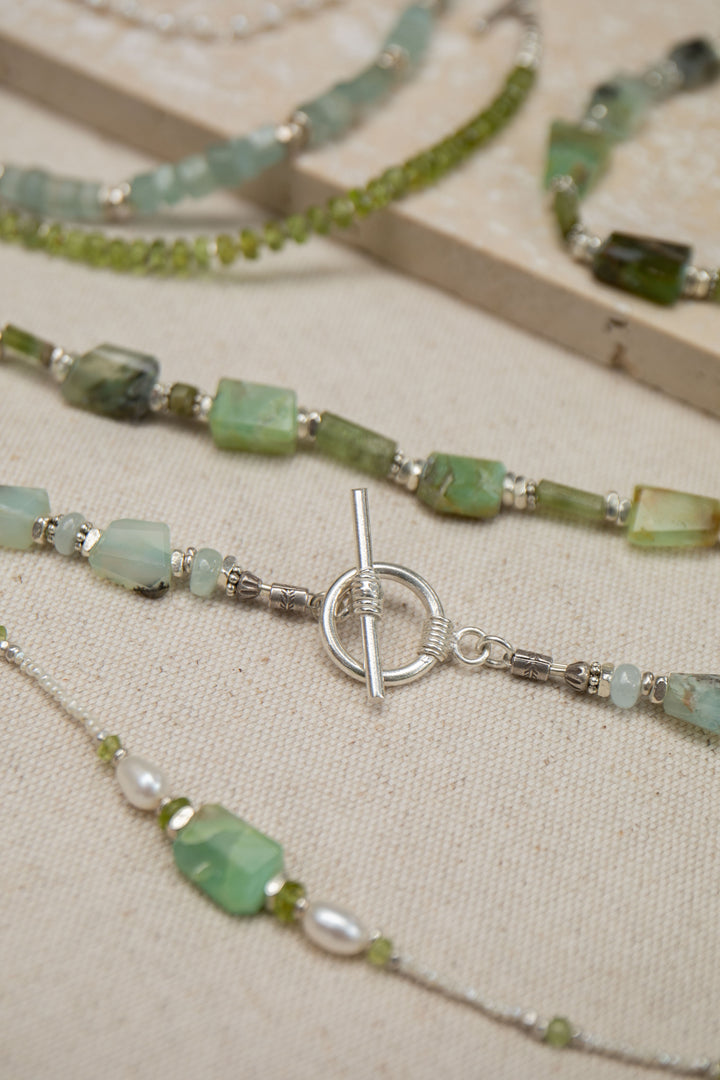 Peruvian Opal, Green Tourmaline & Aquamarine Necklace with Thai Hill Tribe Silver Necklace