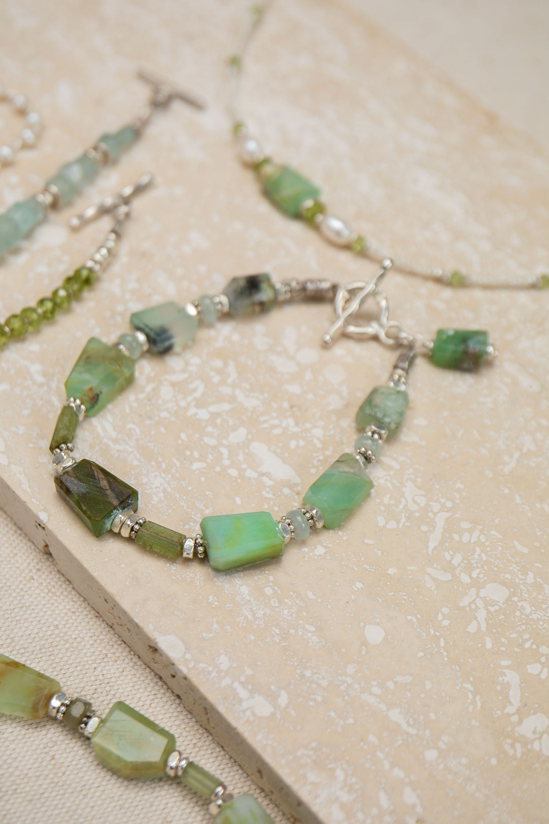 Peruvian Opal, Green Tourmaline & Aquamarine Bracelet with Thai Hill Tribe Silver