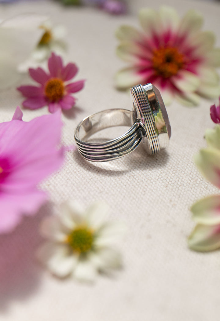Faceted Rose Quartz Ring in Sterling Silver Setting - Size 6 US