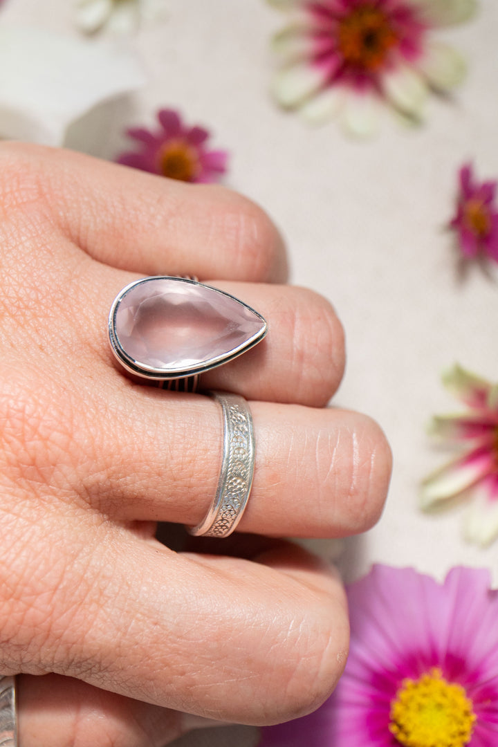 Faceted Rose Quartz Ring in Sterling Silver Setting - Size 6 US
