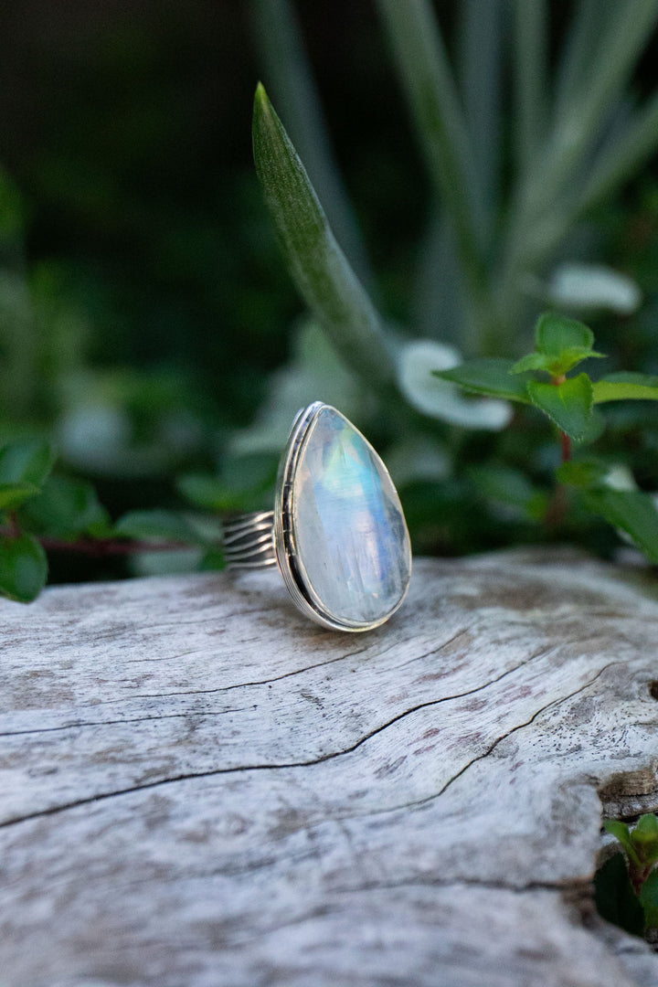 Teardrop Rainbow Moonstone Ring in Unique Sterling Silver Setting - Size 8 US
