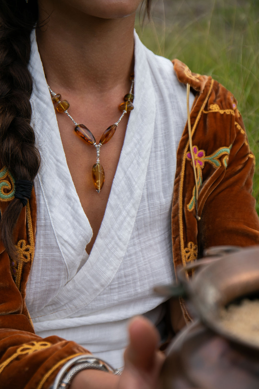Handmade Amber Necklace with Thai Hill Tribe Silver