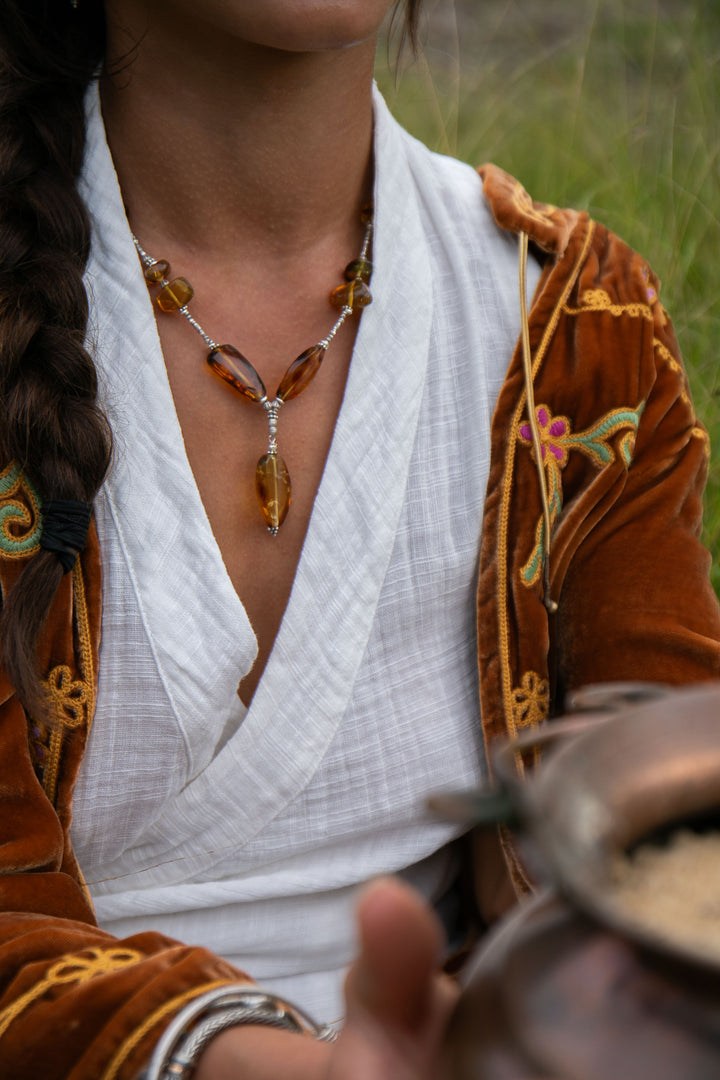 Handmade Amber Necklace with Thai Hill Tribe Silver
