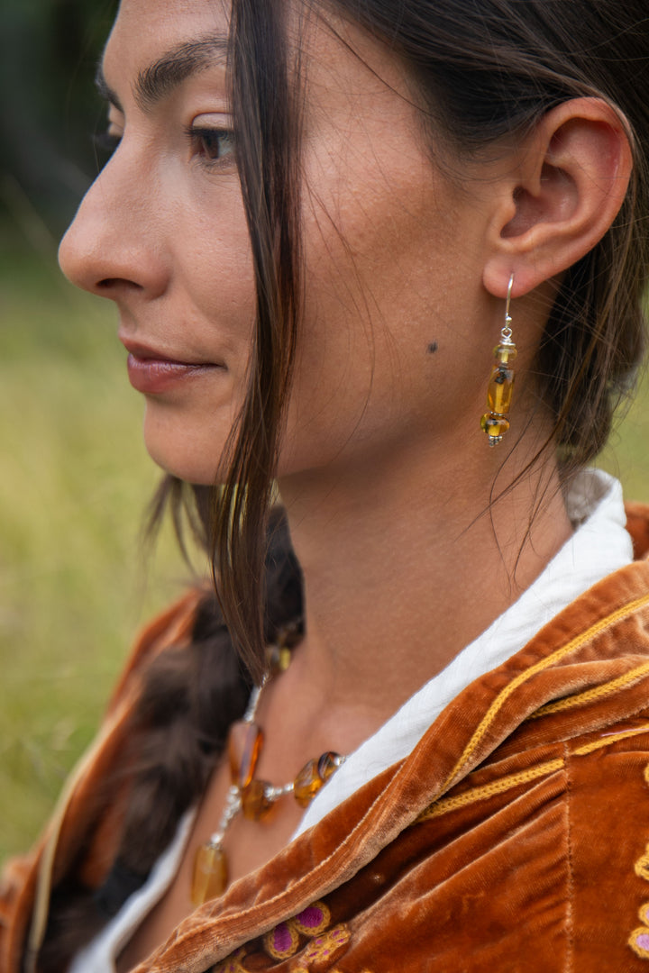 Beaded Amber and Thai Hill Tribe Silver Earrings