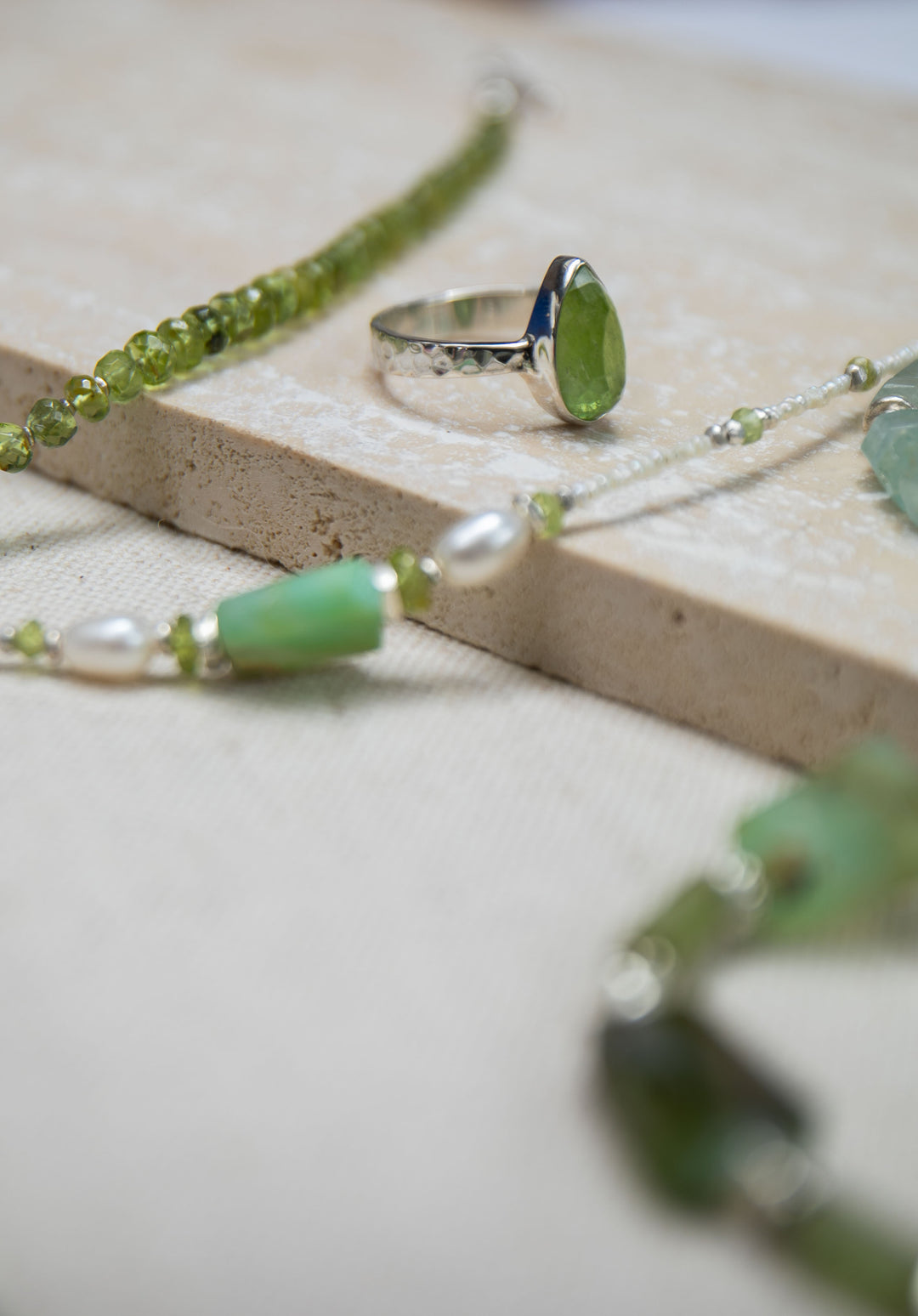 Faceted Teardrop Peridot Ring in Beaten Sterling Silver - Size 9 US