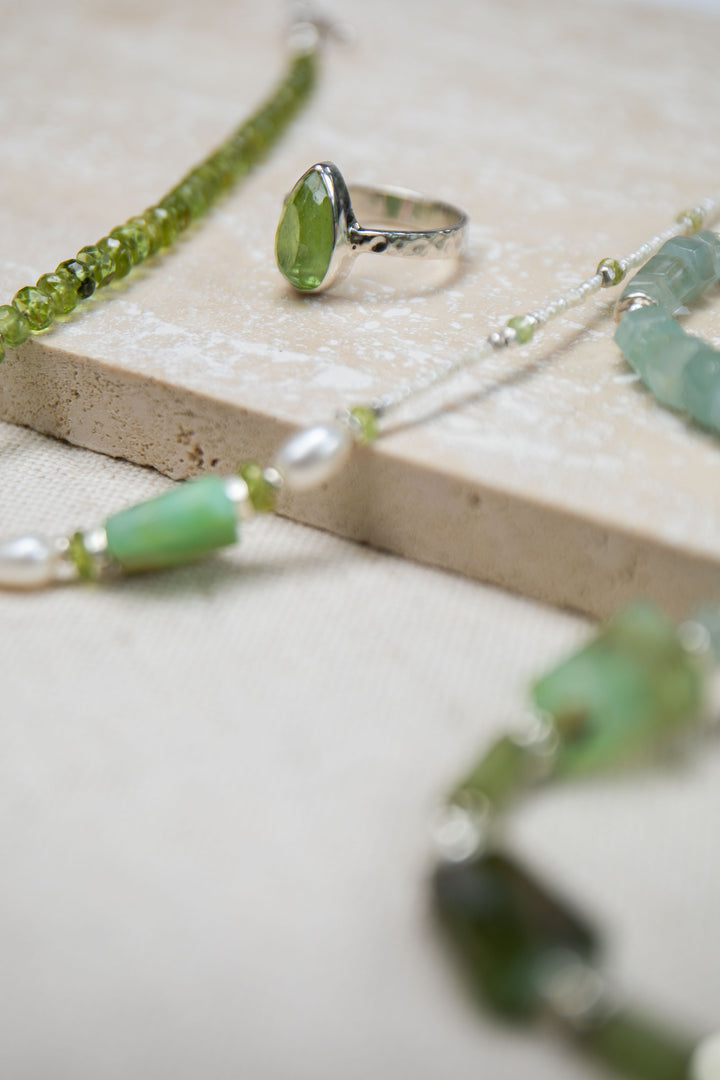 Faceted Teardrop Peridot Ring in Beaten Sterling Silver - Size 9 US