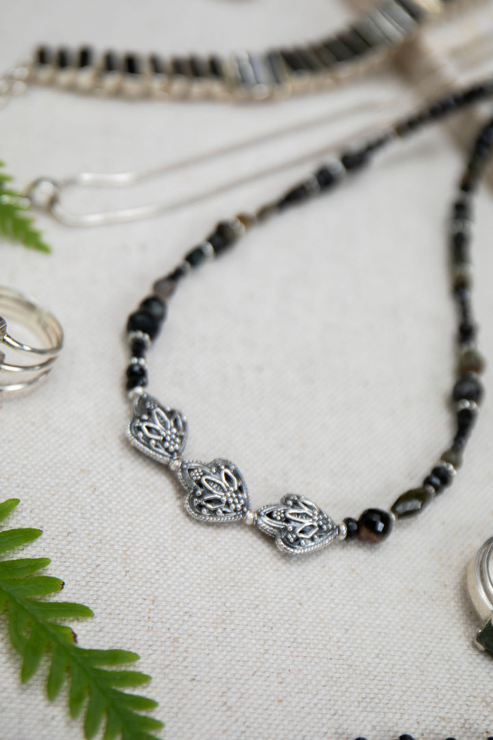 Black Spinel & Tourmaline Necklace with Thai Hill Tribe Silver Beads