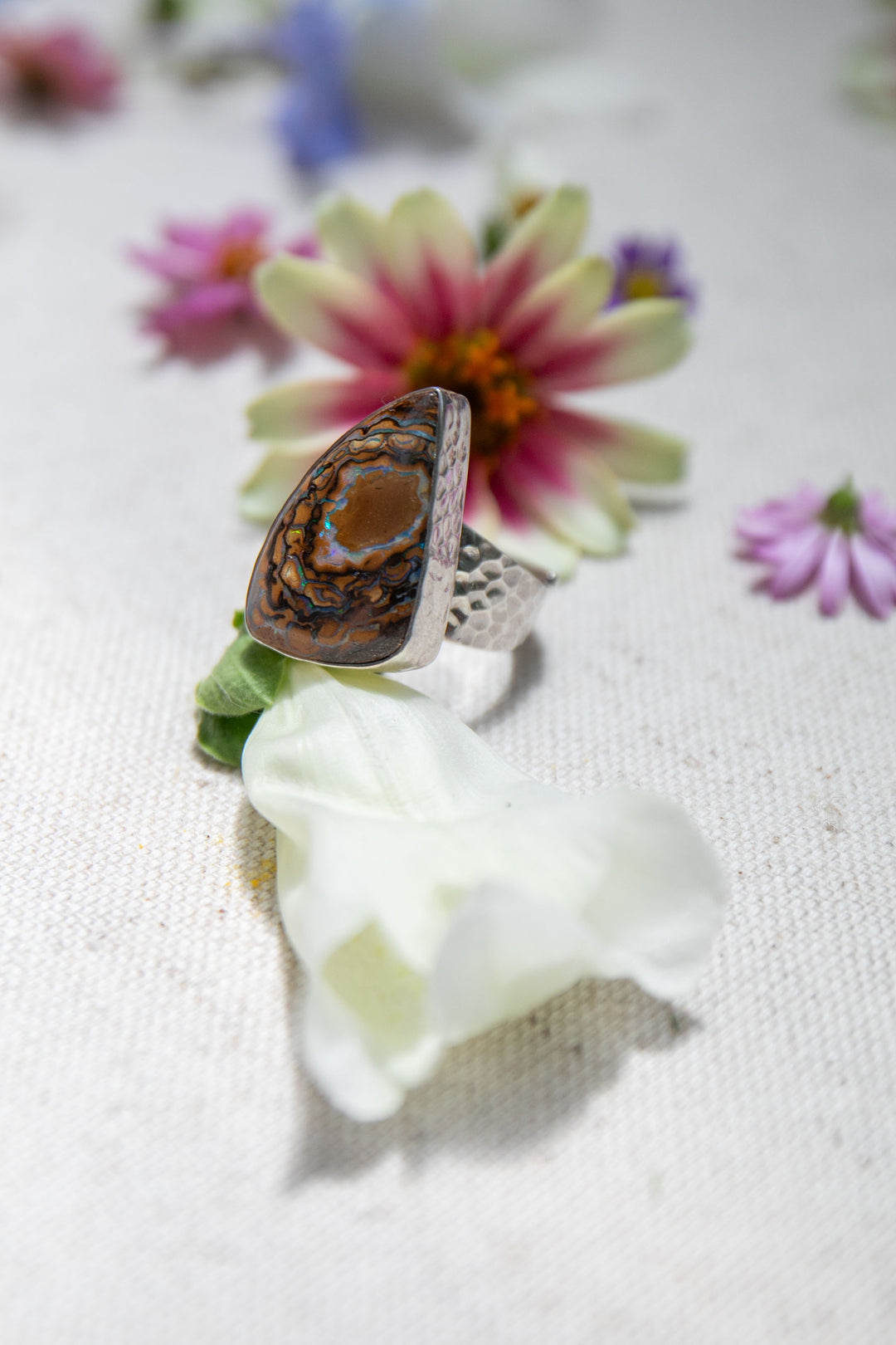 Organic Boulder Opal Ring with Beaten Sterling Silver Setting with Adjustable Style Band