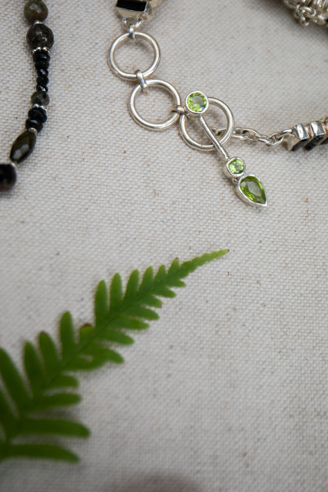 Statement Dark Green Tourmaline Bracelet set in Sterling Silver with Peridot Accent