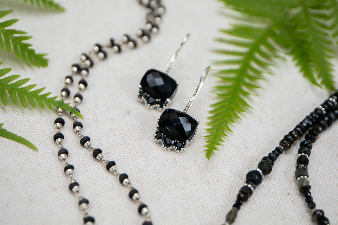 Black Onyx Decorative Earrings in Sterling Silver